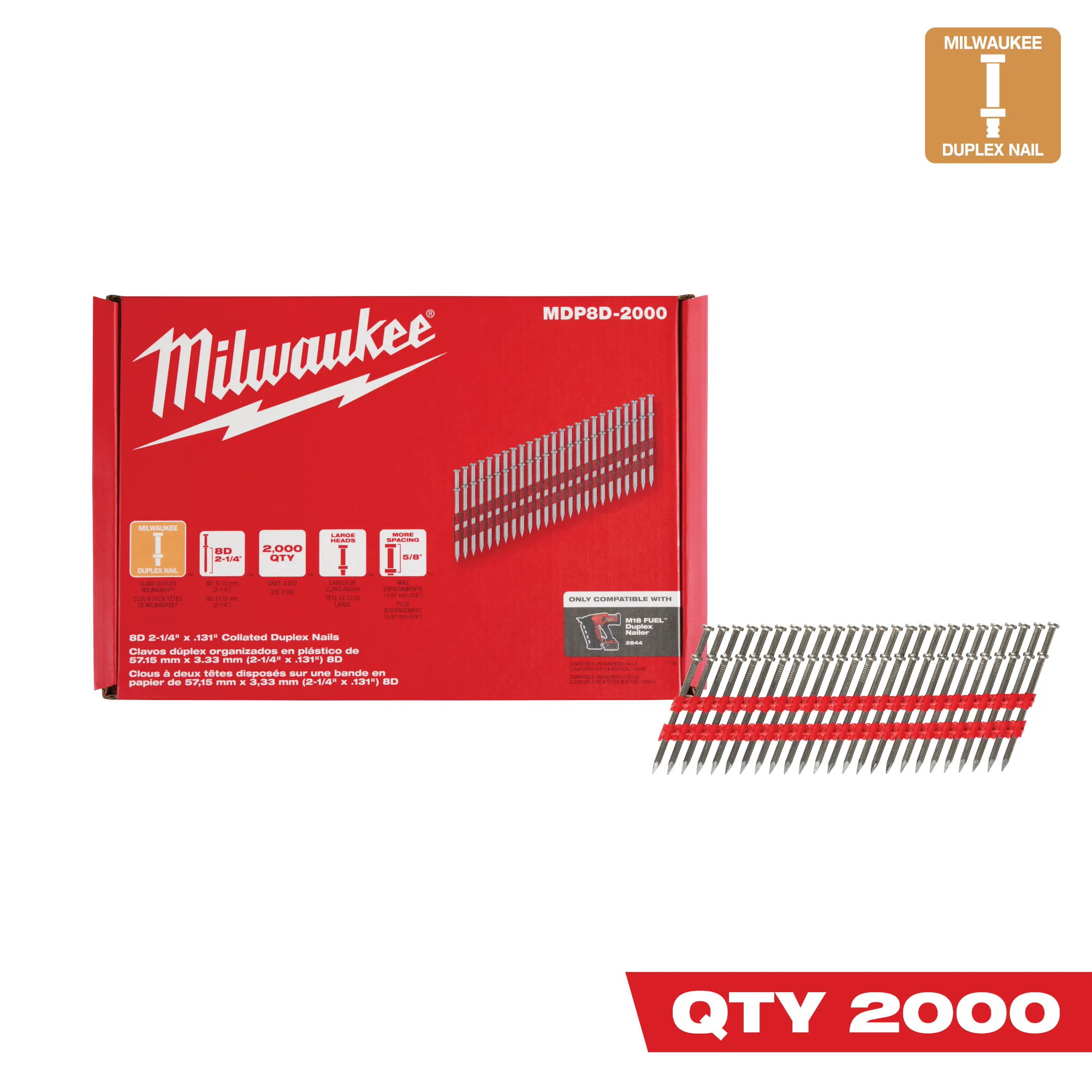 Image of the Milwaukee 8D 2-1/4" x .131" Collated Duplex Nails with the text "QTY 2000"