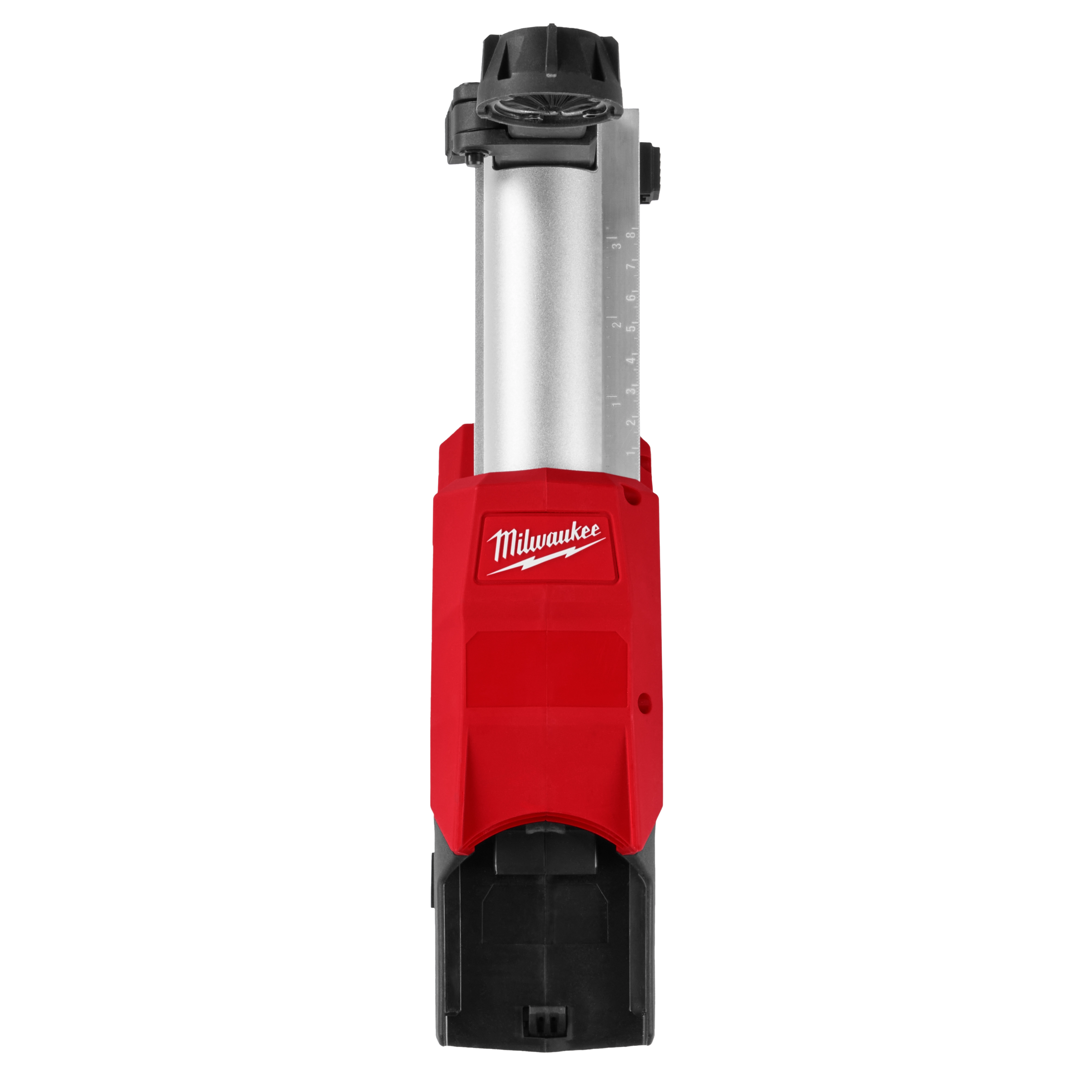 The image shows the M18 FUEL™ HAMMERVAC™ 5/8" Dedicated Dust Extractor in a red and silver color scheme, accented with the Milwaukee logo on the red body. It features a cylindrical design with measurement markings on its side.
