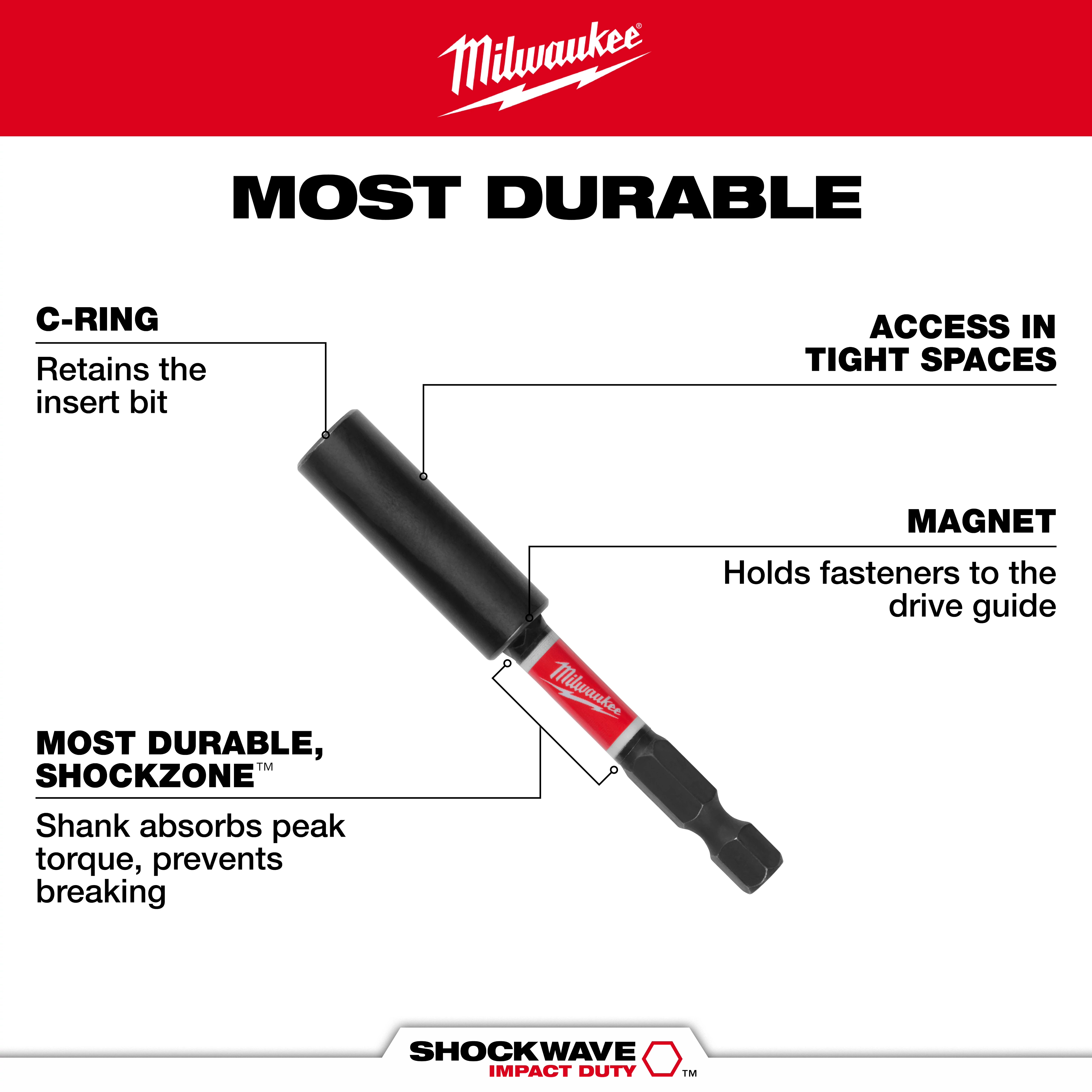 The image shows the SHOCKWAVE™ Magnetic Bit Holder Walk Around by Milwaukee. Features include a C-ring for bit retention, magnetic fastener holding, and Shockzone™ for peak torque absorption, ensuring durability and preventing breaking. It is designed for access in tight spaces. The image emphasizes its durability and impact resistance.
