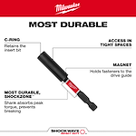 The image shows the SHOCKWAVE™ Magnetic Bit Holder Walk Around by Milwaukee. Features include a C-ring for bit retention, magnetic fastener holding, and Shockzone™ for peak torque absorption, ensuring durability and preventing breaking. It is designed for access in tight spaces. The image emphasizes its durability and impact resistance.