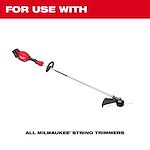 A red and silver string trimmer with text above it reading "FOR USE WITH" and below it reading "ALL MILWAUKEE® STRING TRIMMERS." The background is white with a red header.