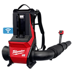 The image shows the MX FUEL™ Backpack Blower by Milwaukee, featuring a red and black design with a sturdy backpack frame, a flexible hose, and a control handle.