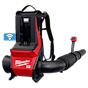 The image shows the MX FUEL™ Backpack Blower by Milwaukee, featuring a red and black design with a sturdy backpack frame, a flexible hose, and a control handle.
