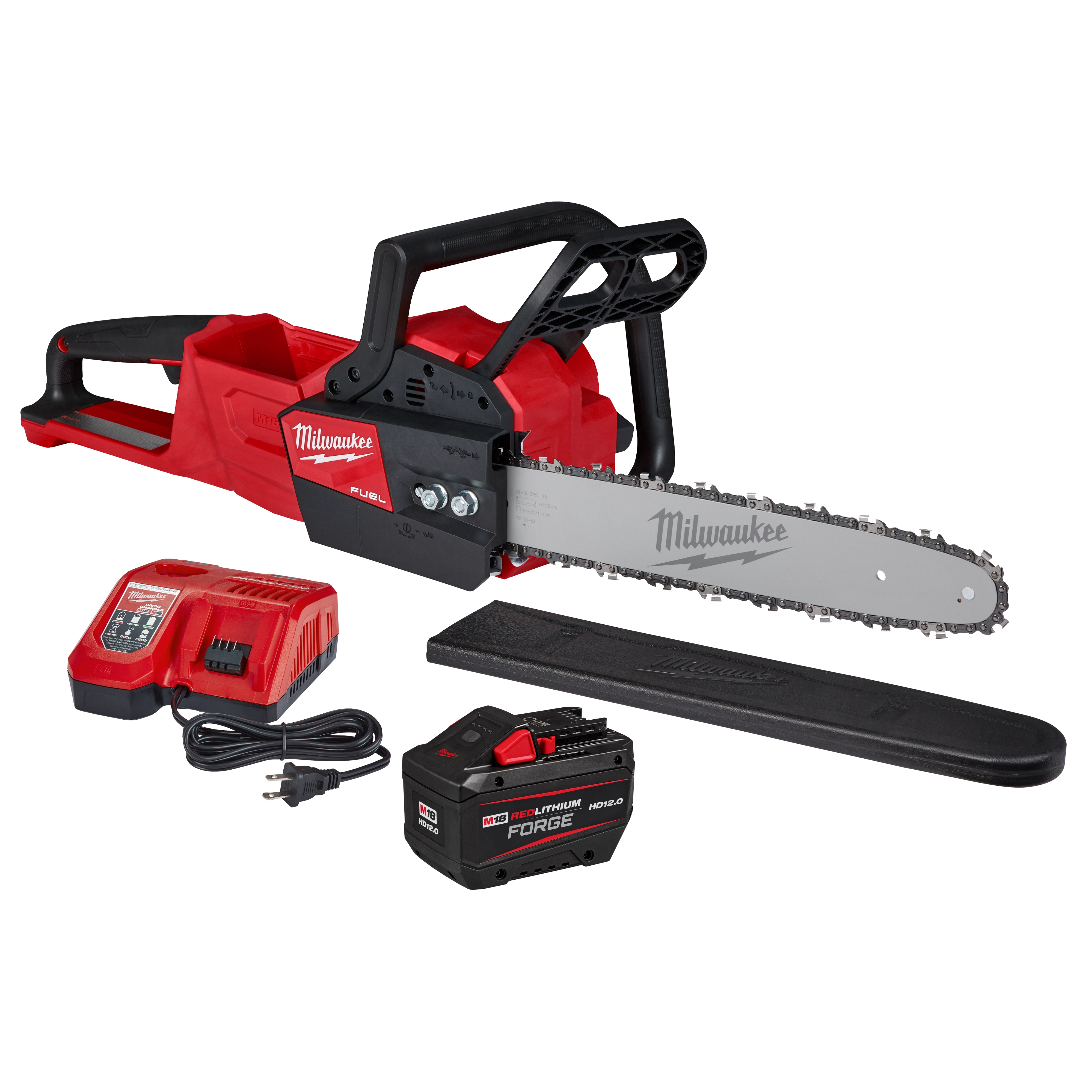 Milwaukee electric chainsaw with a black blade guard and red battery charger, includes cord and plug.