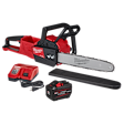 Milwaukee electric chainsaw with a black blade guard and red battery charger, includes cord and plug.