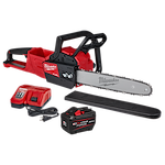 Milwaukee electric chainsaw with a black blade guard and red battery charger, includes cord and plug.