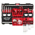 The 6-Piece PACKOUT Shop Storage Kit with 2 Compact Wall Baskets holds various tools, screws, and small storage baskets on a wall mount.