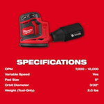 The M18™ Random Orbit Sander is red with black accents and features a 5-inch pad size. It has variable speed between 7,000-12,000 OPM, an orbit diameter of 3/32 inches, and weighs 2.0 lbs (tool-only). Specifications are displayed in white text on a red background.