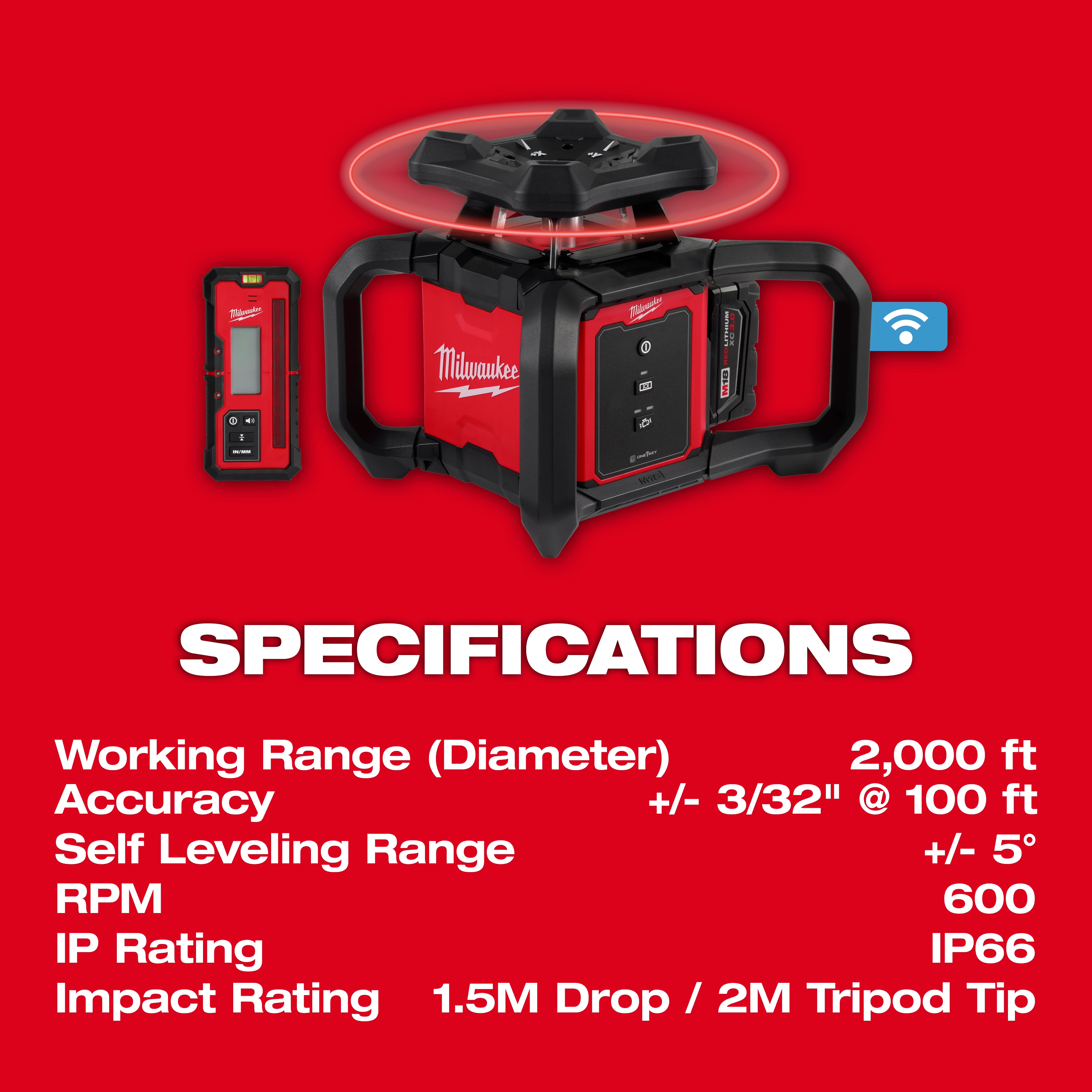 M18™ Red Exterior Rotary Laser Level Kit w/ Receiver Specs