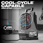 Milwaukee Super Charger with Cool-Cycle technology for high-speed cooling. The image highlights its advanced cooling capabilities with icons and text.