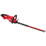 Red Milwaukee hedge trimmer with a long dual-action blade, black handle, and safety guard.