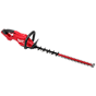 Red Milwaukee hedge trimmer with a long dual-action blade, black handle, and safety guard.
