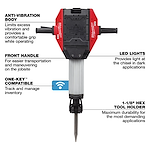 Close-up of a demolition tool with labels highlighting anti-vibration body, front handle, LED lights, One-Key compatibility, and hex tool holder.