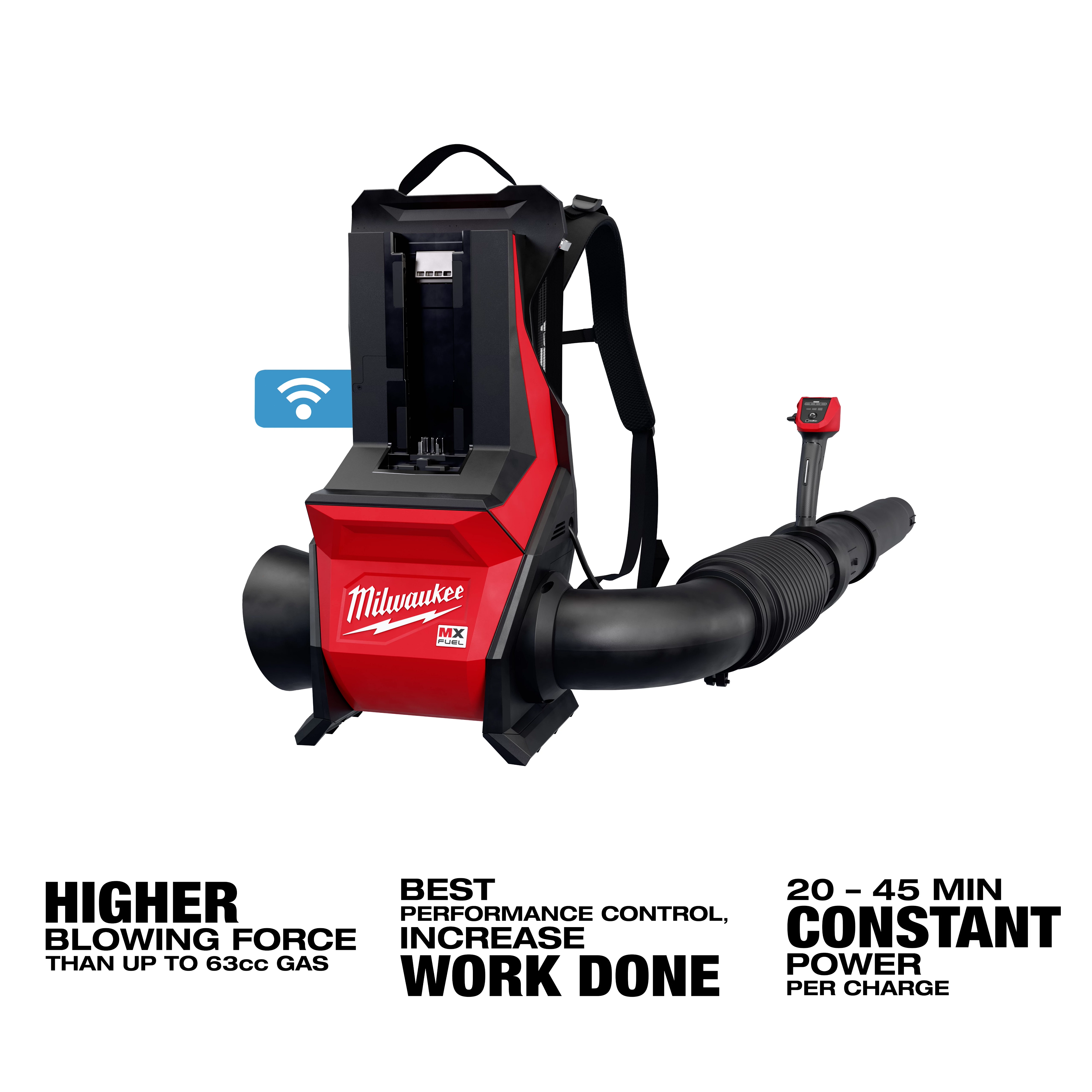 The MX FUEL™ Backpack Blower, branded with Milwaukee, is a red and black leaf blower featuring a backpack design. It includes a flexible tube and control handle, and claims higher blowing force, performance control, and 20-45 minutes of constant power per charge.