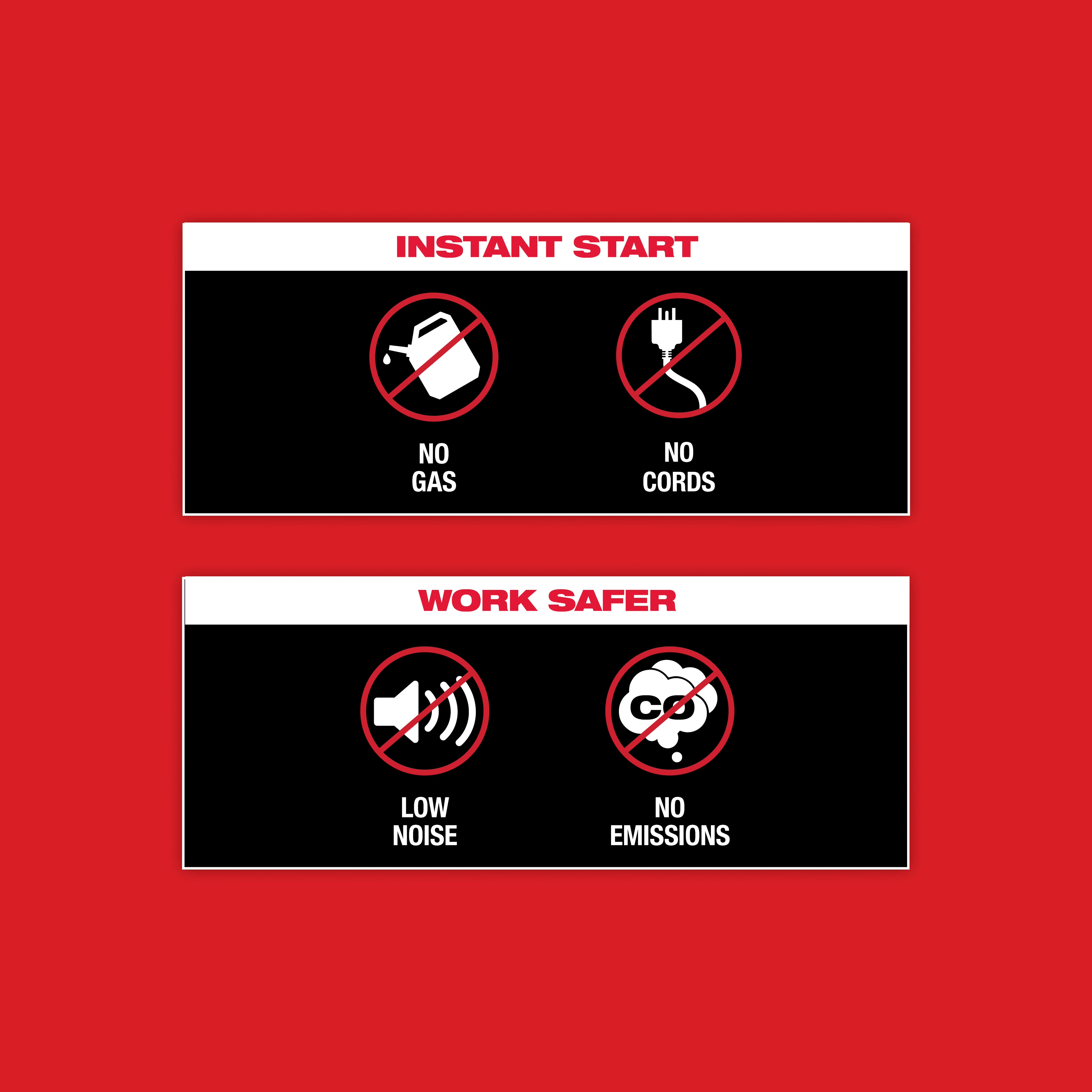 Two sections: "Instant Start" (No gas, No cords) and "Work Safer" (Low noise, No emissions) on a red