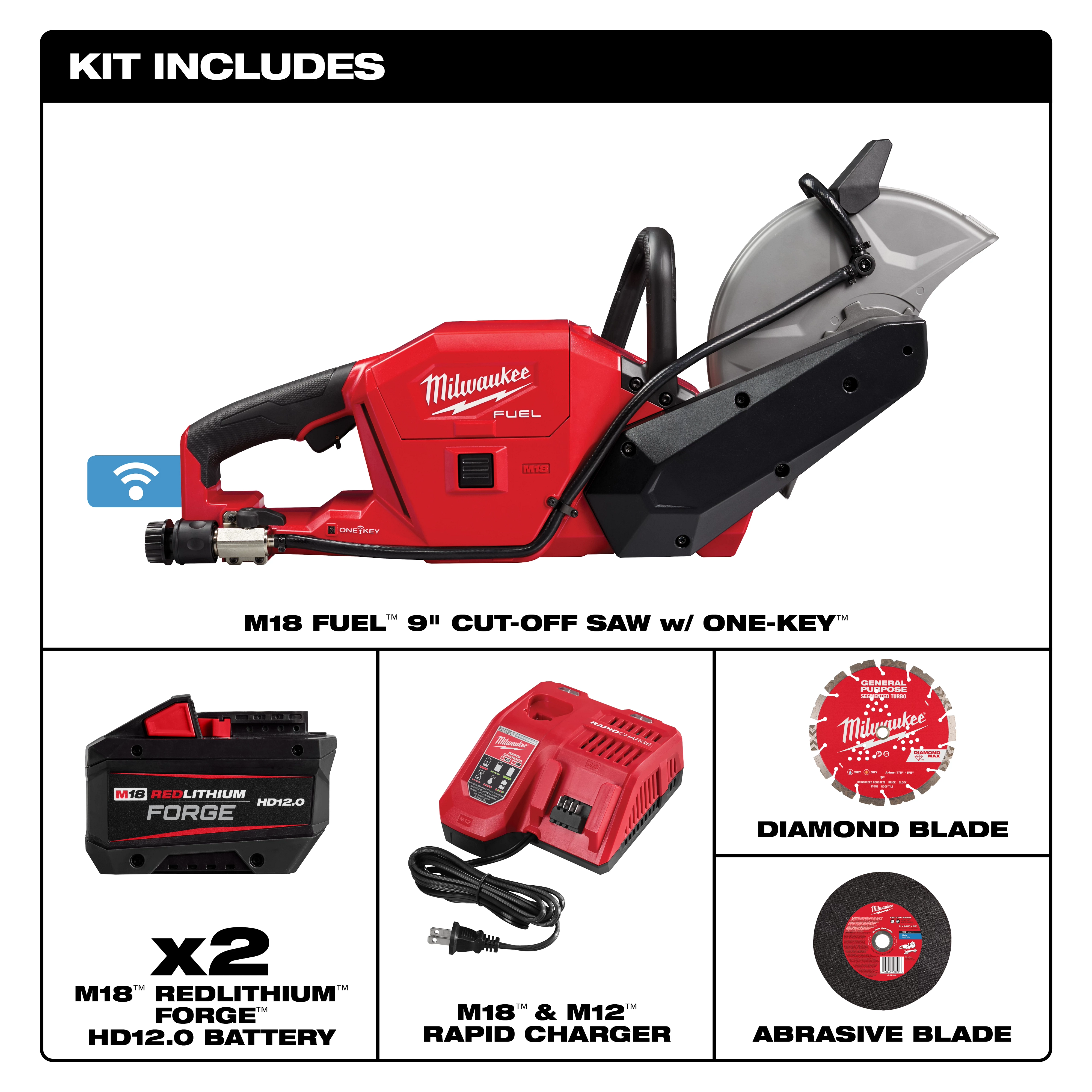 The product image shows the Milwaukee M18 FUEL™ 9" Cut-Off Saw w/ ONE-KEY™, including two M18™ REDLITHIUM™ FORGE HD12.0 batteries, M18™ & M12™ rapid charger, diamond blade, and abrasive blade. The cut-off saw is red with a black handle and protective blade guard.