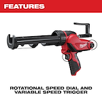 The image shows an M12 12-Volt Lithium-Ion Cordless 10 oz. Caulk and Adhesive Gun (Tool-Only) by Milwaukee, featuring a rotational speed dial and a variable speed trigger. The gun is red and black with branding visible.