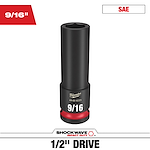 Milwaukee SHOCKWAVE 1/2 in. Drive 9/16 in. Deep 6 Point Impact Socket, 1 Pack, is a black socket with red accents. It features 1/2-inch drive, 6-point design, and is labeled with 9/16 and model number 49-66-6223. Suitable for impact duty applications.