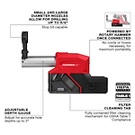 Image of M18 FUEL™ 5/8" SDS Plus Rotary Hammer with a detailed diagram. Highlights features include small and large diameter nozzles, adjustable depth gauge, HEPA filter, manual filter cleaning, and need for no cords or hoses once connected. Text describes tool capabilities and OSHA Table 1 compliance.