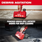 Two images of the M12™ AIR-TIP™ Utility Nozzle being used, with the label "DEBRIS AGITATION" at the top. The images demonstrate the powered brush roll agitating debris for deep cleaning on different surfaces.