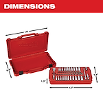 This image shows a red Milwaukee tool case with dimensions labeled. The case measures 14 inches in length, 9.9 inches in height, and 1.3 inches in thickness. The internal tray of tool bits measures 13 inches by 7.4 inches and includes a variety of tools and accessories.
