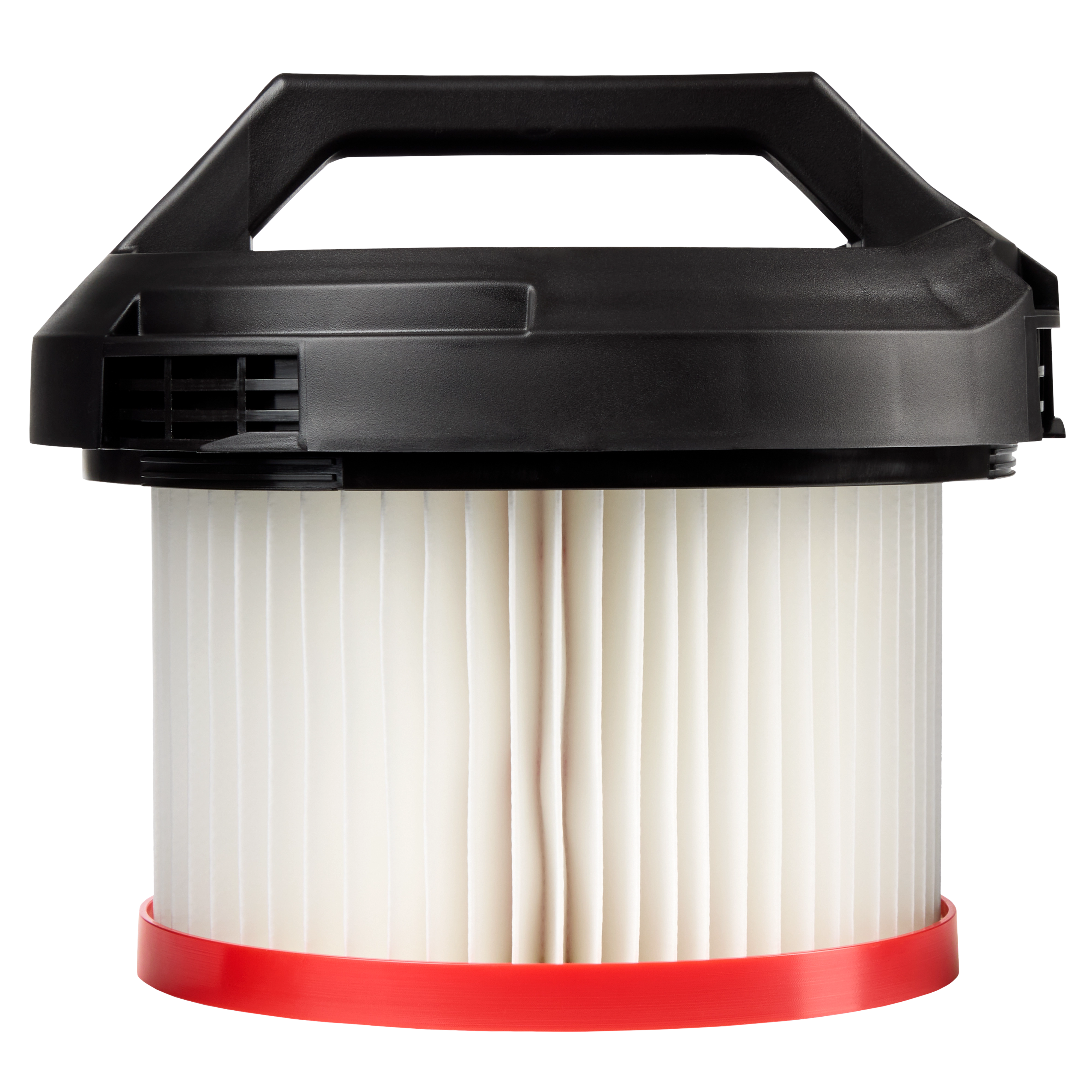 The HEPA Filter is a cylindrical air filter with a black, plastic top handle and pleated white paper with a red base.