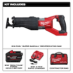 The image shows an M18 FUEL™ SUPER SAWZALL® Reciprocating Saw Kit, which includes the saw, an M18® REDLITHIUM™ FORGE™ HD12.0 battery, an M18™ & M12™ rapid charger, and a Milwaukee-branded contractor bag.