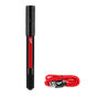The MILWAUKEE® RECHARGEABLE 250L PENLIGHT W/ LASER features a black cylindrical body with a red accent. A power button is located near the top. Included is a red USB charging cable with a Milwaukee logo on the plug.