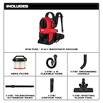 The M18 FUEL™ 3-in-1 Backpack Vacuum is shown with included accessories: a HEPA filter, 6-foot flexible hose, ergonomic handle, telescoping extension wand, crevice tool, and pivoting floor tool. The vacuum is red with black straps.