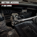 A mechanic uses a Milwaukee ratchet wrench in a tight space. The image highlights the tool's 4-degree arc swing for better access. The text "Better Access" and "4° Arc Swing" is shown at the top. This illustrates the efficiency of the Mechanic Hand Tools.