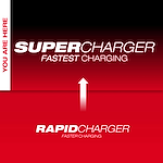 The image shows a comparison between the MX FUEL™ Super Charger and the Rapid Charger. The MX FUEL™ Super Charger is labeled as "Fastest Charging" and is positioned above the Rapid Charger, labeled as "Faster Charging," with an arrow pointing upward from Rapid Charger to Super Charger. "You are here" is written vertically on the left.