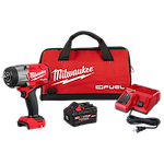 The image shows the M18 FUEL™ 1/2" High Torque Impact Wrench with Friction Ring Kit, including the wrench, battery, charger, and a red Milwaukee carrying bag with black handles and "Milwaukee" branding.