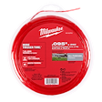 The image shows a Milwaukee® .095" x 250’ (1 lb.) Twisted Trimmer Line package. The trimmer line is red and coiled inside a circular plastic container with a clear lid. The label highlights benefits such as more trigger time, less reloads, and quieter trimming.