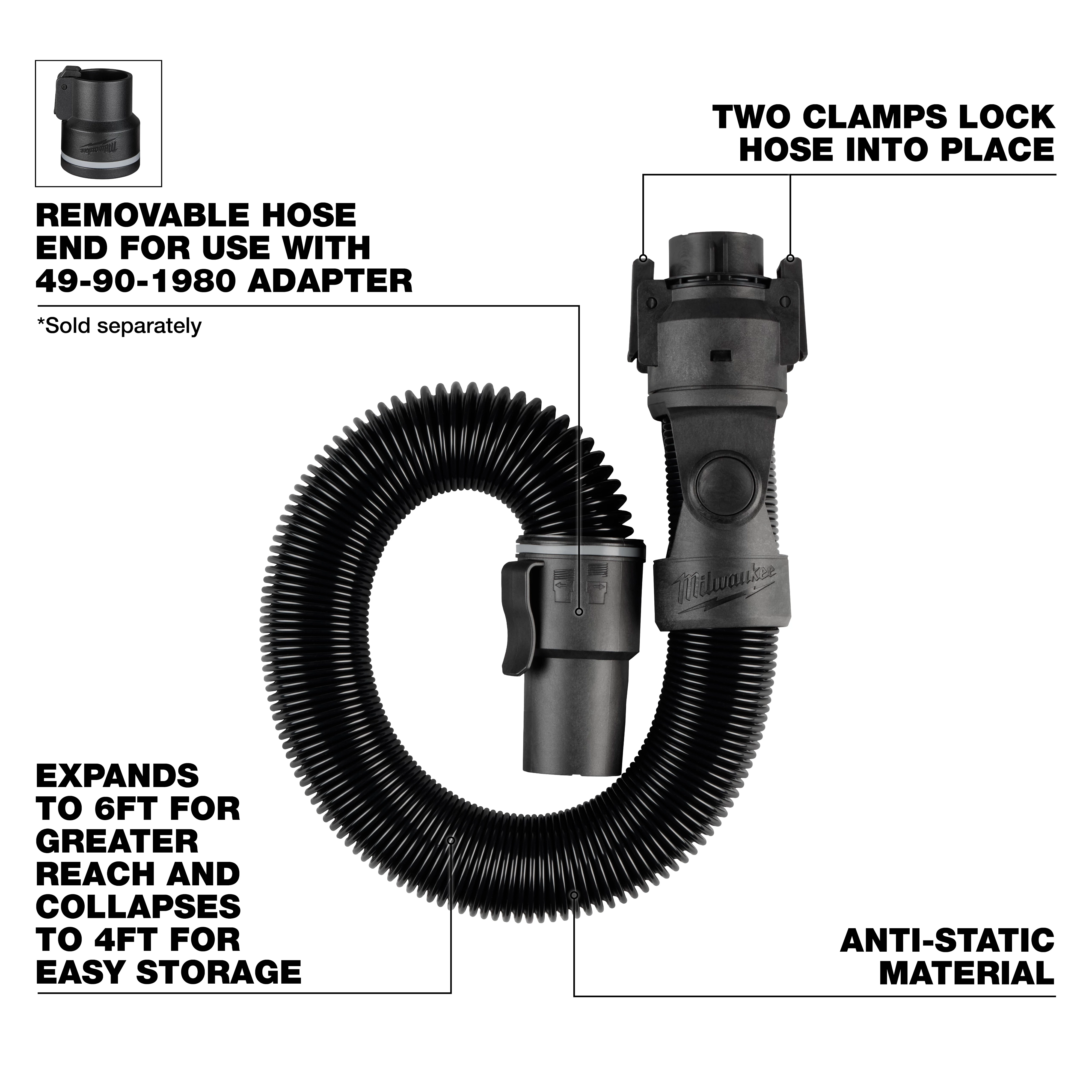 The 1-7/8" x 6' Flexible Hose features removable hose ends, two clamps for locking, and anti-static material. It expands to 6 feet for greater reach and collapses to 4 feet for easy storage. Compatibility with the 49-90-1980 adapter is indicated.