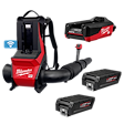 The image shows the MX FUEL™ Backpack Blower kit, which includes a red and black backpack blower with hose, two batteries, and a supercharger. The logo and branding for Milwaukee are visible on the blower and charger.