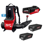 The image shows the MX FUEL™ Backpack Blower kit, which includes a red and black backpack blower with hose, two batteries, and a supercharger. The logo and branding for Milwaukee are visible on the blower and charger.