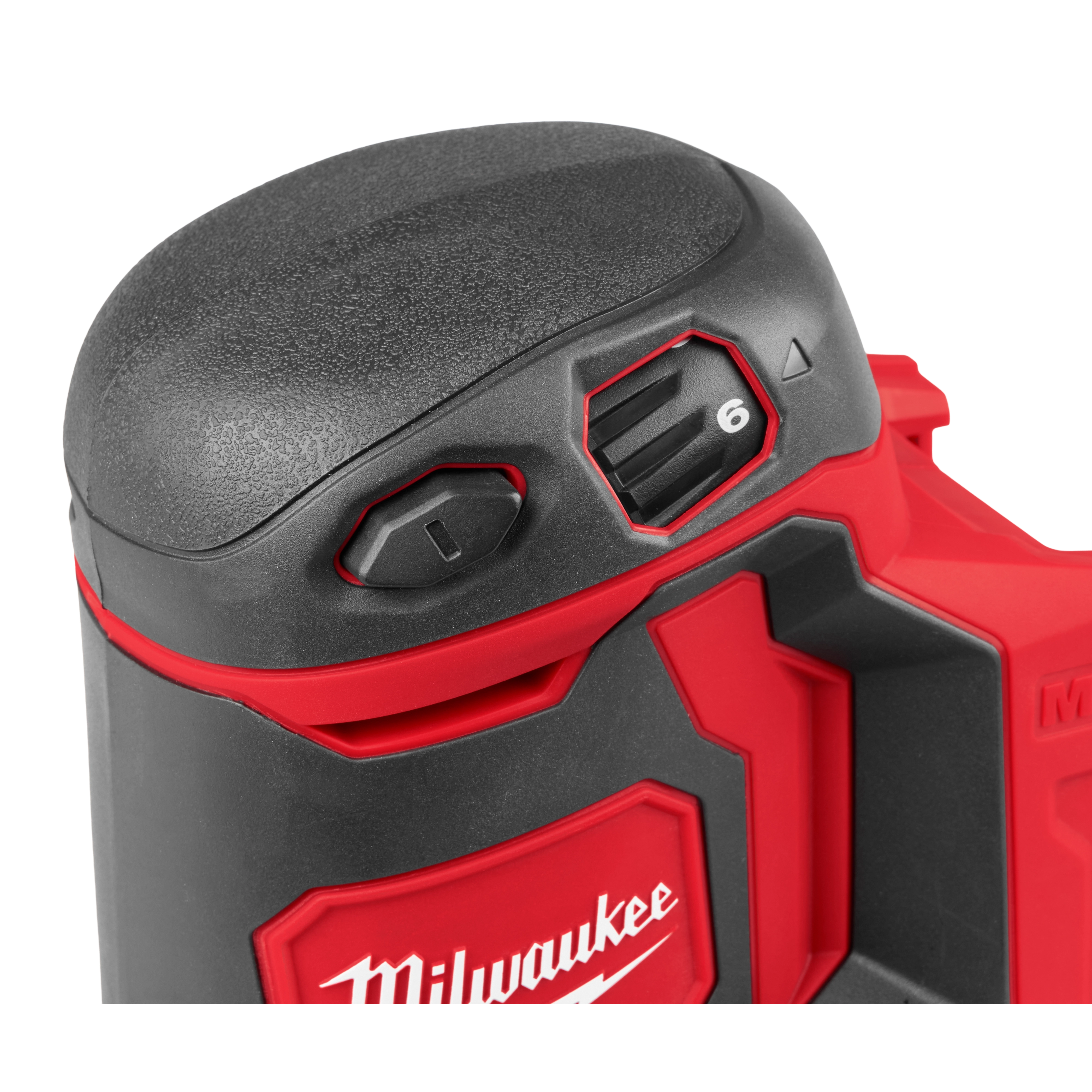 Milwaukee M18™ Random Orbit Sander features a black and red design with a textured grip for comfortable handling. The sander's speed dial is marked with numbers 1 to 6, allowing for adjustable sanding speeds. It has brand logos and controls for easy operation.