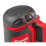 Milwaukee M18™ Random Orbit Sander features a black and red design with a textured grip for comfortable handling. The sander's speed dial is marked with numbers 1 to 6, allowing for adjustable sanding speeds. It has brand logos and controls for easy operation.