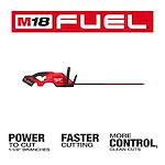 Image of the M18 FUEL™ 30" Hedge Trimmer. Features a red and black design with a long cutting blade. Text highlights "Power to cut 1-1/4" branches," "Faster cutting," and "More control, clean cuts" in bold letters.
