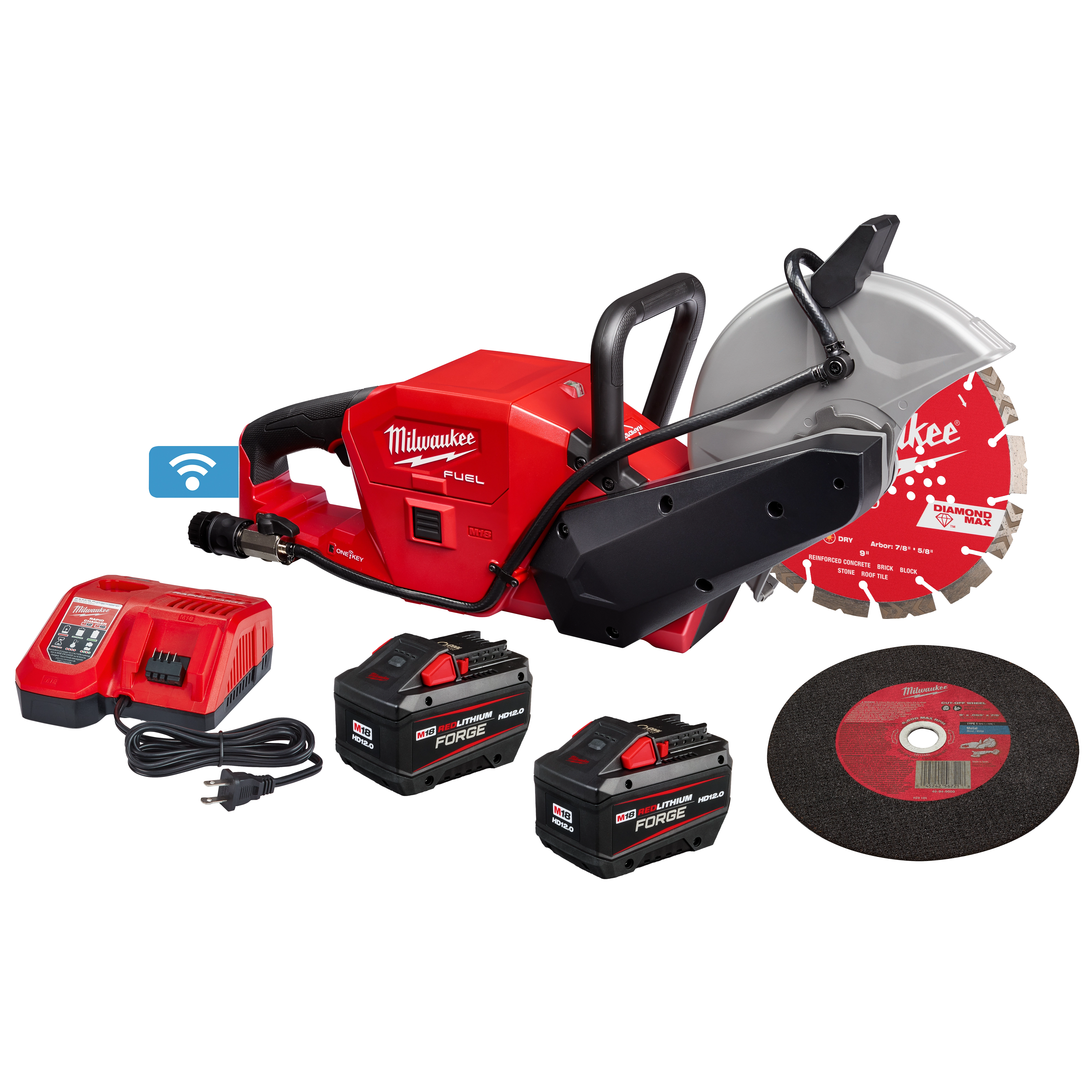 The M18™ FUEL™ 9" Cut Off Saw w/ ONE-KEY™ is displayed with accessories including two M18™ batteries, a charger, and two cutting discs. The saw is red with branding and features a handle and protective blade cover.