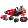 The M18™ FUEL™ 9" Cut Off Saw w/ ONE-KEY™ is displayed with accessories including two M18™ batteries, a charger, and two cutting discs. The saw is red with branding and features a handle and protective blade cover.