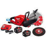 The M18™ FUEL™ 9" Cut Off Saw w/ ONE-KEY™ is displayed with accessories including two M18™ batteries, a charger, and two cutting discs. The saw is red with branding and features a handle and protective blade cover.