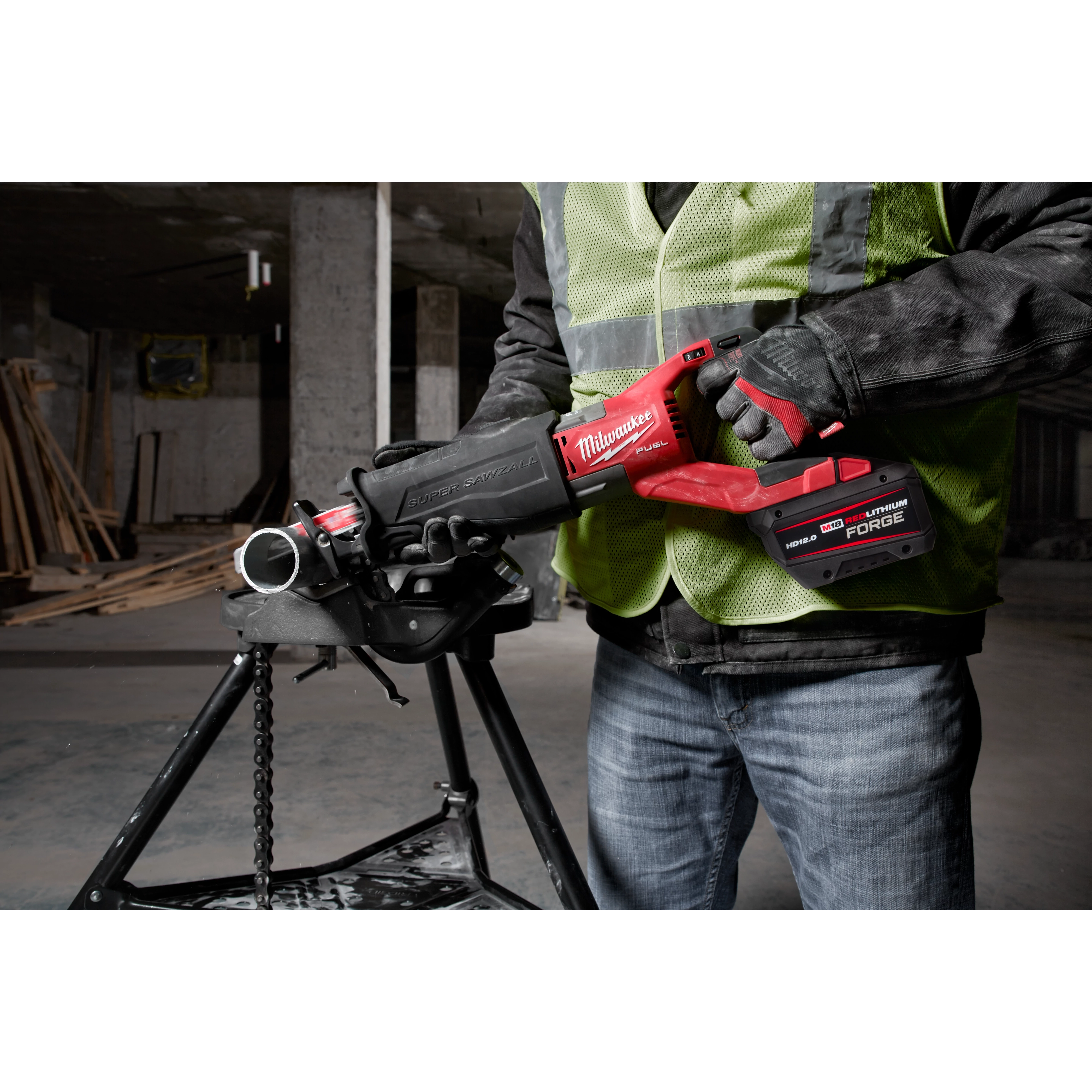Image of the M18 FUEL™ Super Sawzall® Recip Saw being used by a worker on the jobsite