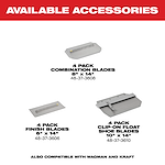 "Available Accessories: combination, finish, and clip-on float shoe blades packs with dimensions and part numbers, compatible with Wagman and Kraft."