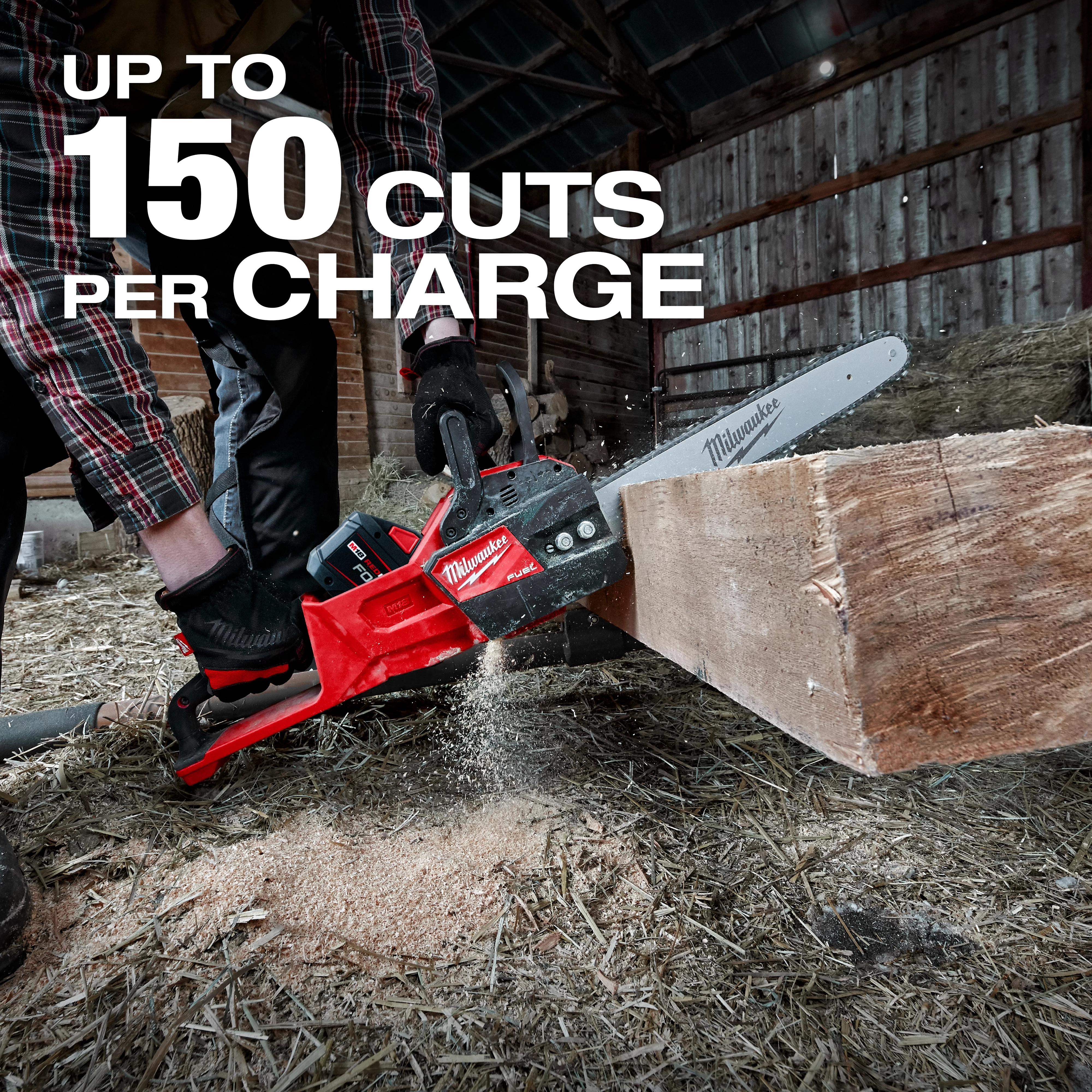 Image of the M18 FUEL Chainsaw with the text "up to 150 cuts per charge"