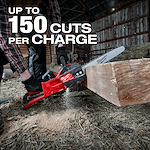 Image of the M18 FUEL Chainsaw with the text "up to 150 cuts per charge"