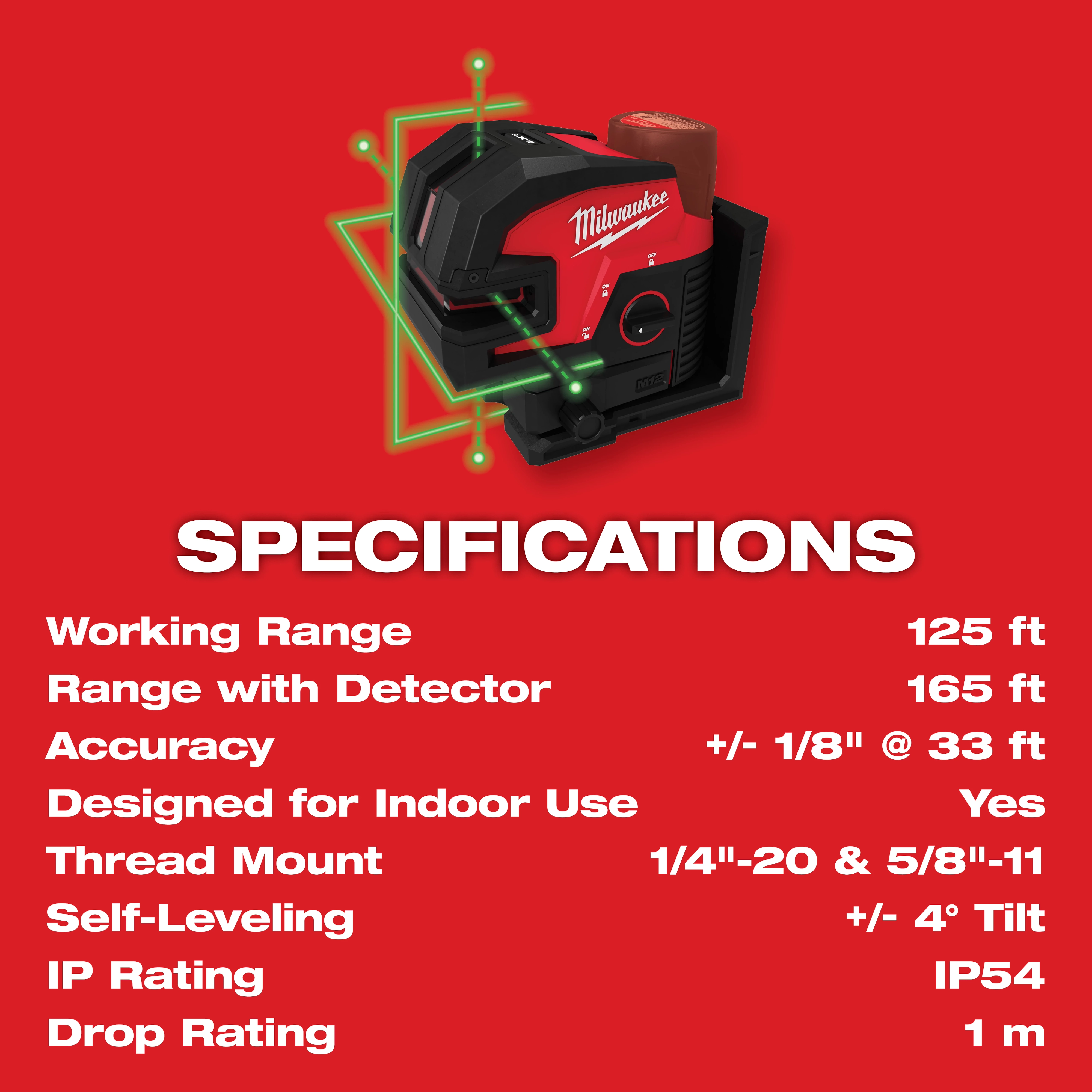 M12™ Green Laser – Cross Line & 4-Points Specs