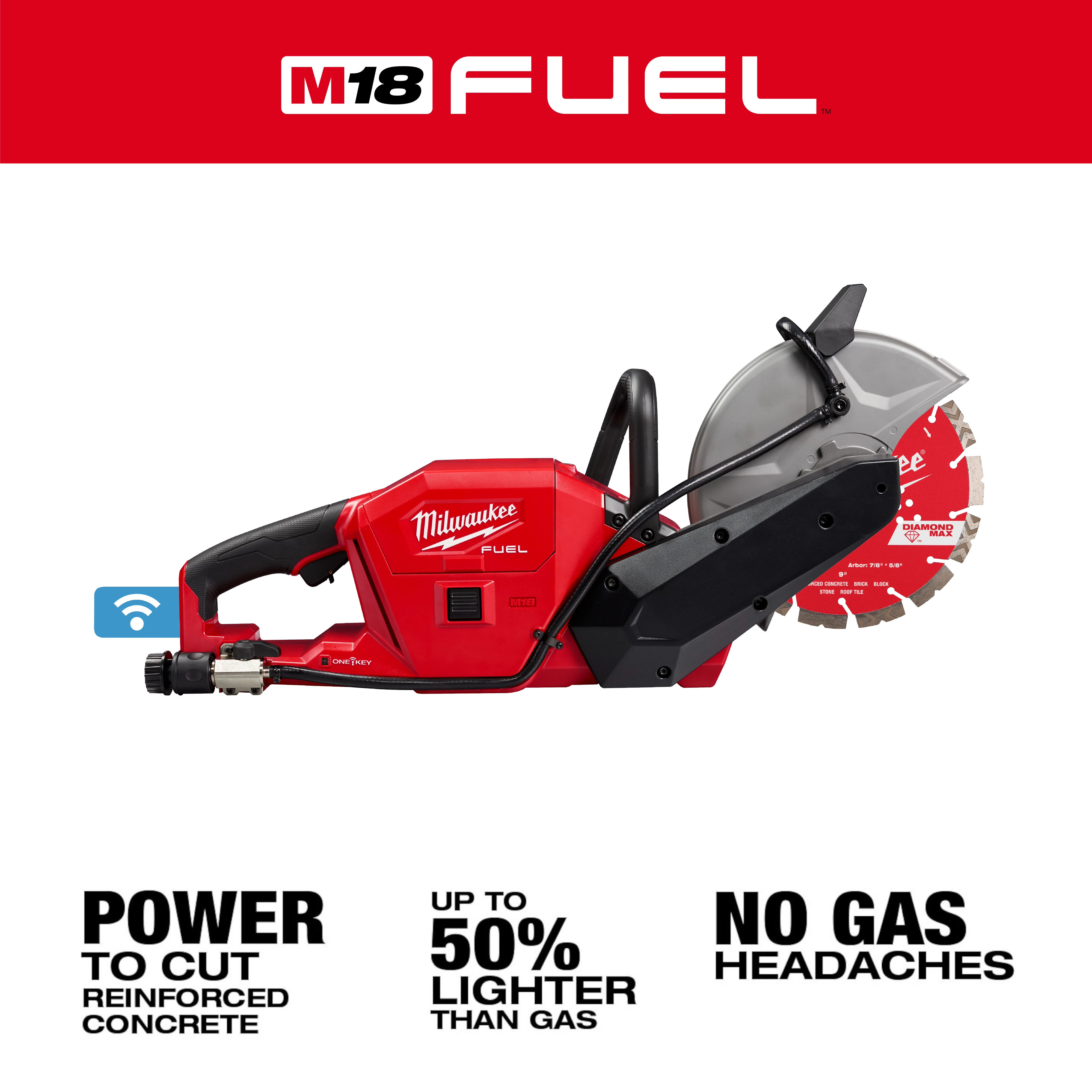 The M18 FUEL™ 9" Cut-Off Saw w/ ONE-KEY™ by Milwaukee is red, black, and silver. It features a large cutting blade and ergonomic handle. Text highlights its power to cut reinforced concrete, being up to 50% lighter than gas saws, and no gas headaches.