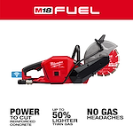 The M18 FUEL™ 9" Cut-Off Saw w/ ONE-KEY™ by Milwaukee is red, black, and silver. It features a large cutting blade and ergonomic handle. Text highlights its power to cut reinforced concrete, being up to 50% lighter than gas saws, and no gas headaches.