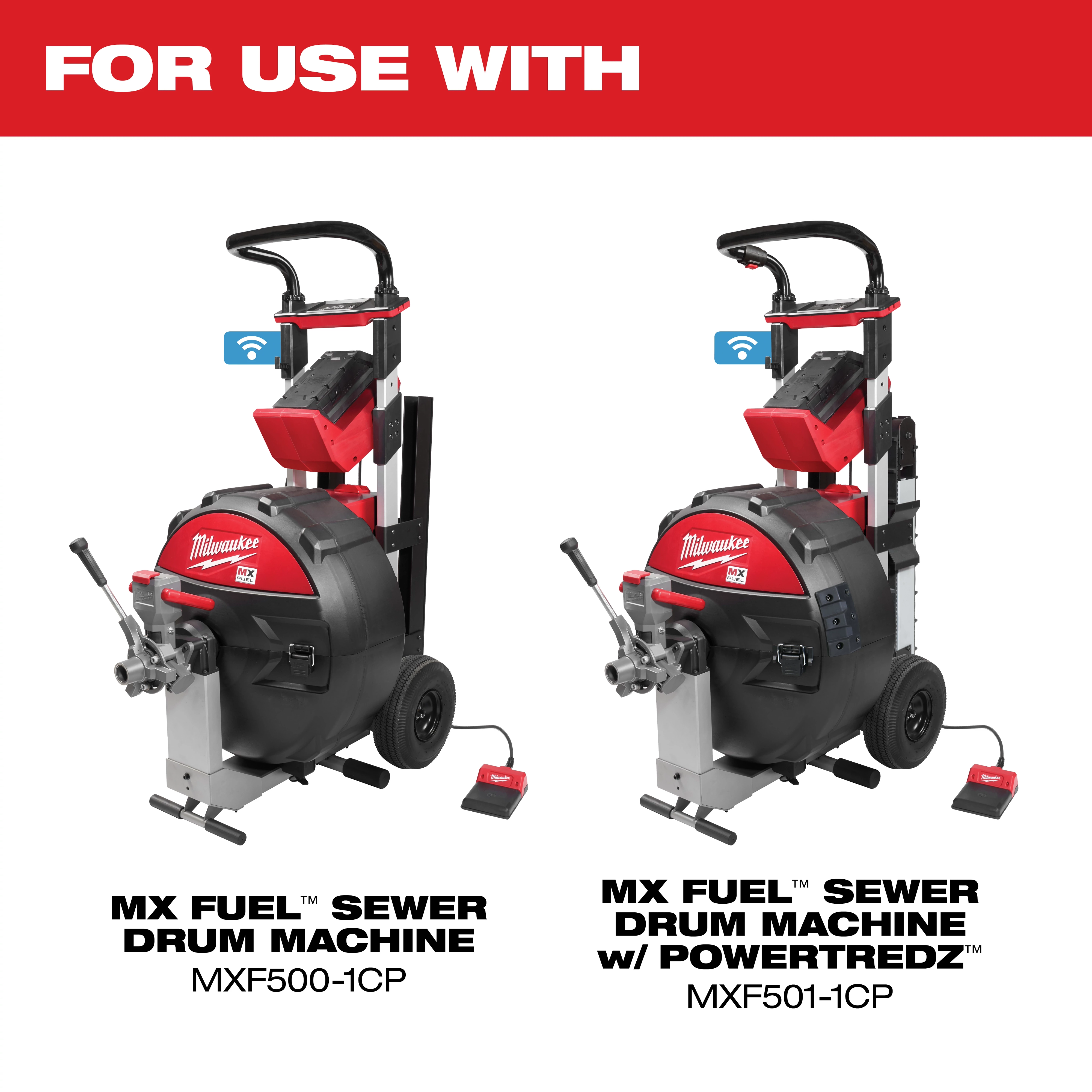 Two Milwaukee MX FUEL Sewer Drum Machines, one with POWERTREDZ, with red and black branding against a white background.